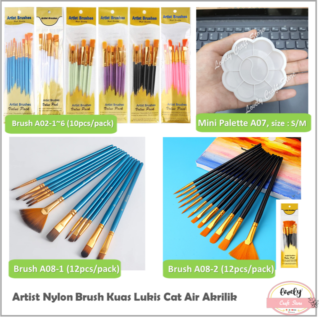 

LovelyCraftStore | 10pcs/12pcs Kuas Lukis, Kuas Clay, Paint Brush Set Watercolor Oil Face Body Painting Nylon Brush Kuas Lukis Cat Air Cat Akrilik, Palette for Paint, Piring Cat, Mini Palette