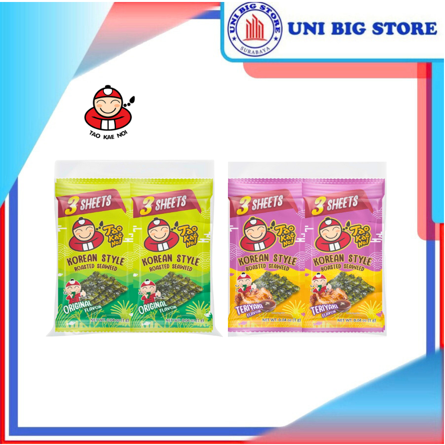 

Tao Kae Noi Seasoned Laver Korean Style Roasted Seaweed Original Teriyaki 1gr x (24+1) pcs BAG