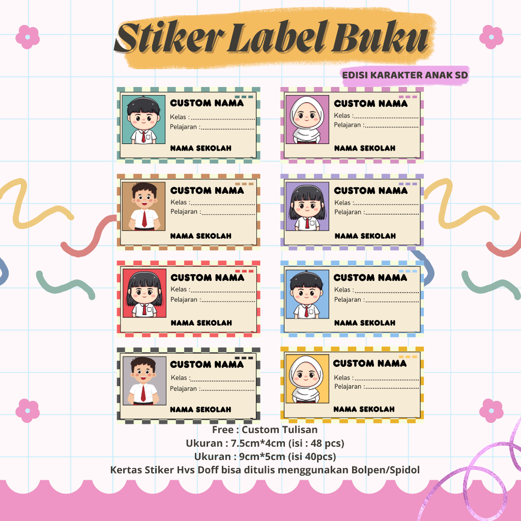 

(48pcs) Stiker Label Buku Anak Sekolah Dasar I Stiker Label Buku Custom Nama I Stiker Label Buku Alat Tulis Back to School