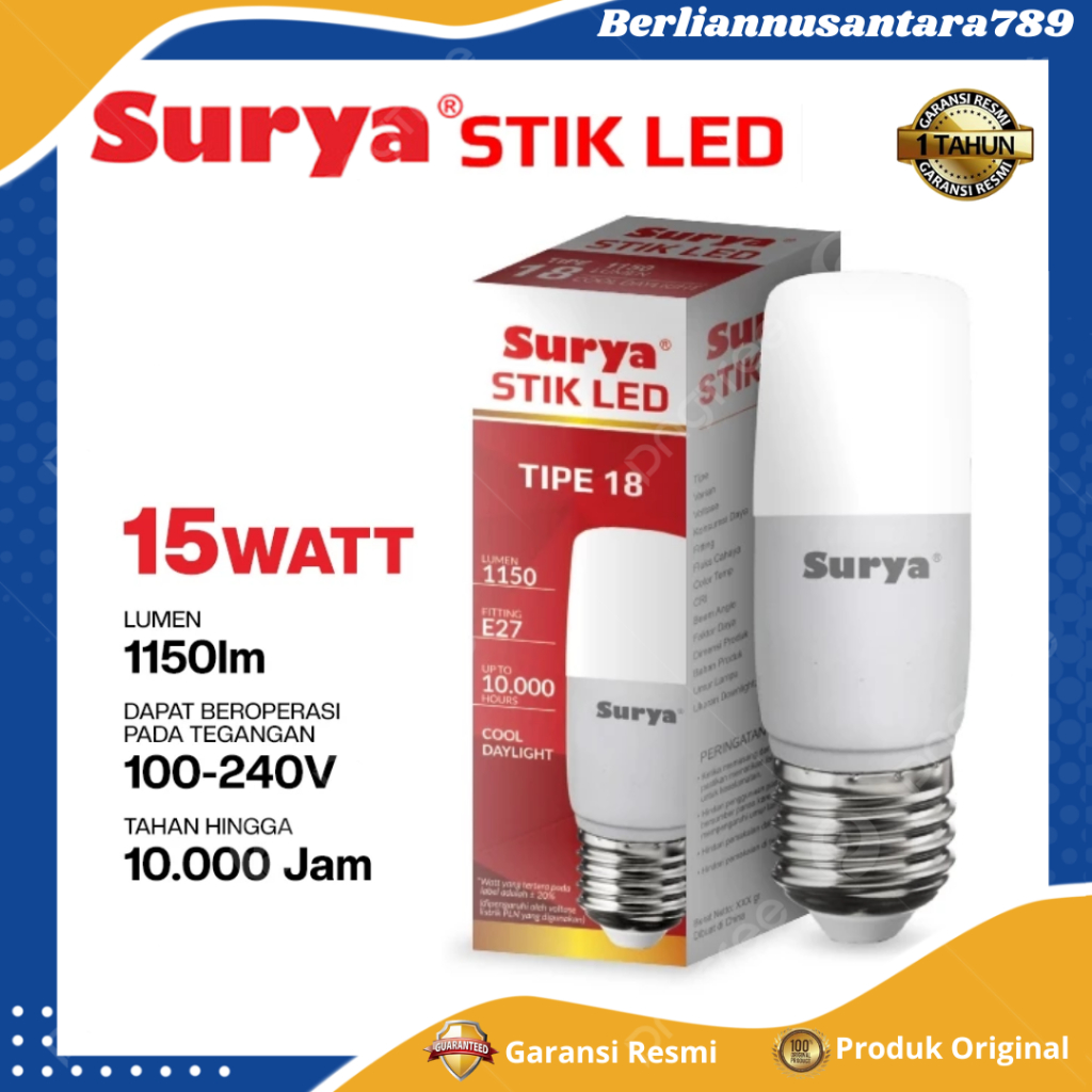 Lampu Bohlam LED SURYA STIK LED Tipe 18 15Watt Cahaya Putih Garansi Resmi
