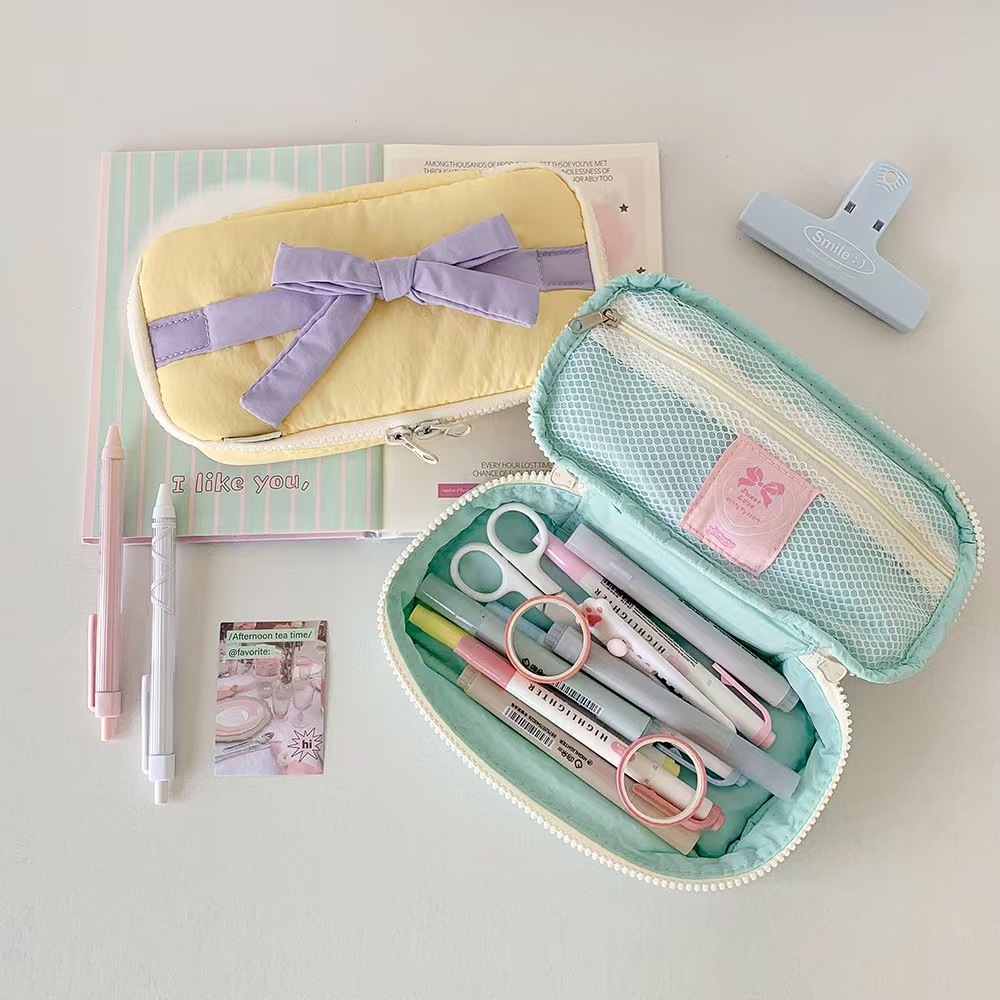 

Fabric pencil case, student simple bow storage bag, stationery bag, desktop storage bag