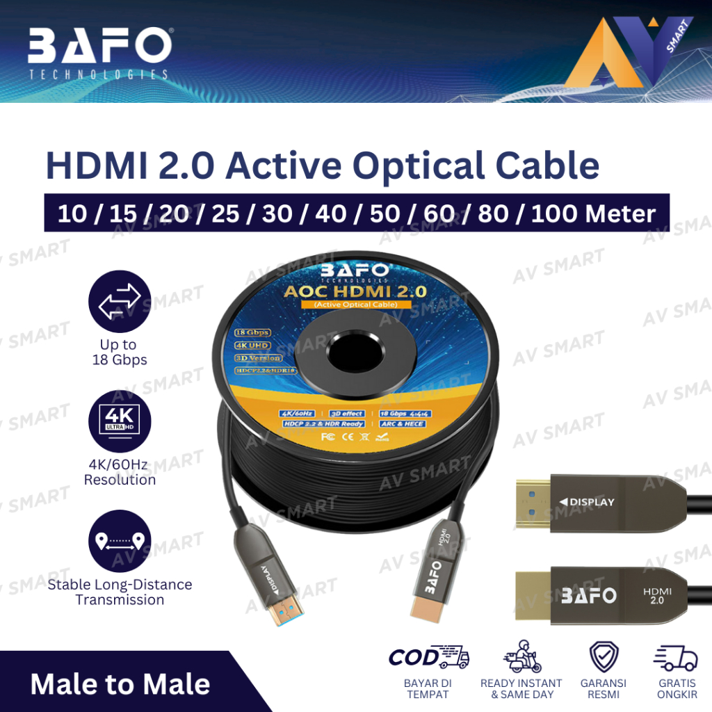 BAFO Kabel HDMI Fiber Optik (FO) Active Optical Cable 4K UHD Male to Male 10 / 15 / 20 / 25 / 30 / 4