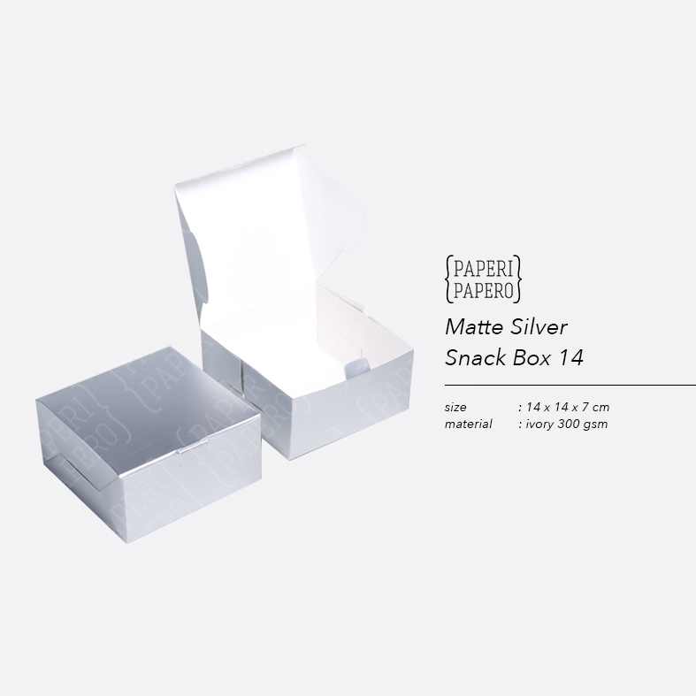 

Matte Silver Snack Box (14 x 14 x 7 cm) - Kotak Packaging Kue Perak Doff Premium Hampers Souvenir