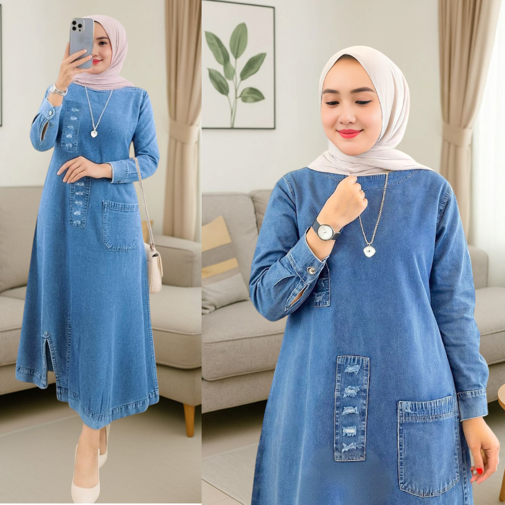 Ootd Fashion Muslim Gamis Jeans Wanita Dress Light Snow Size S M L XL XXL Criska Maxi