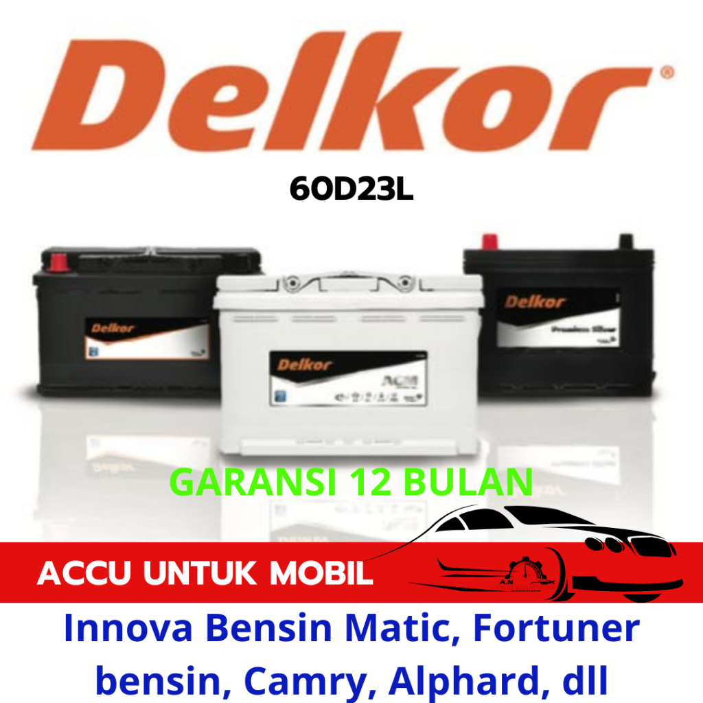 Aki Mobil DELKOR 60D23L Aki Kering untuk Mobil Innova Bensin Matic, Fortuner bensin, Camry, Alphar