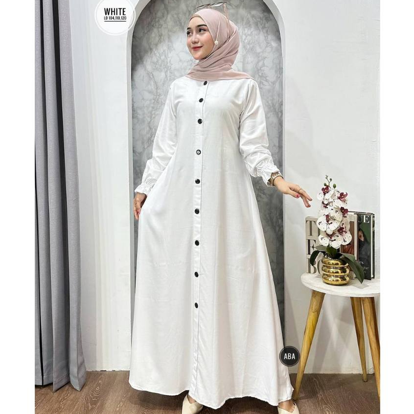 Gamis Putih Polos Kancing Depan Dress Wanita Muslim Twill Ori Elegan Simple