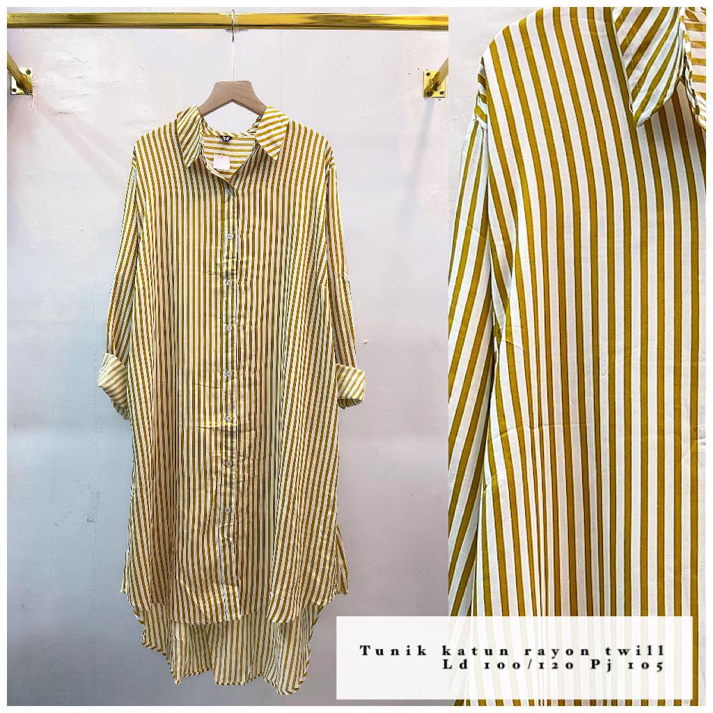 Nizamstore Tunik Katun Rayon Twill Garis Motif Panjang Kancing Depan Oversize Lengan Panjang Modis N