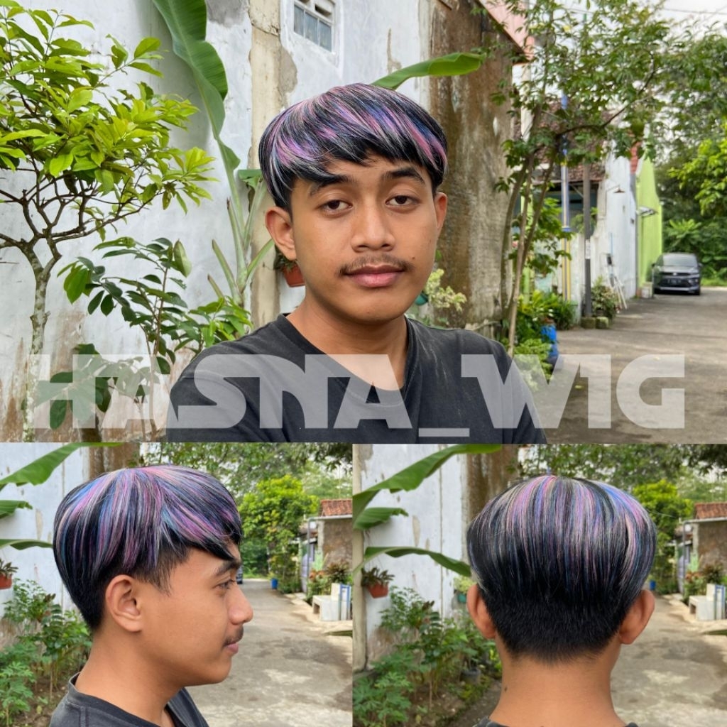 WIG PENUTUP BOTAK PRIA TOUPEE RAMBUT PENDEK VERSI PRIA KOREA WARNA HIGHLIGHT RAINBOW