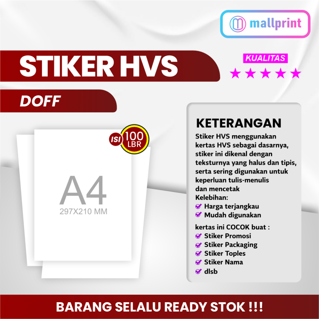 

Stiker HVS uk. A4 cocok untuk box makanan, label pengiriman, dll (1 pak isi 100 lembar)