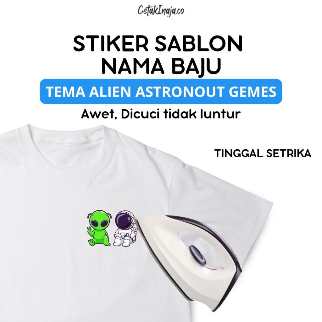 

Stiker Sablon Label Nama Baju Stiker Custom Nama Label Printing Kain / Kaos Sablon Setrika Tema Alien Astronout