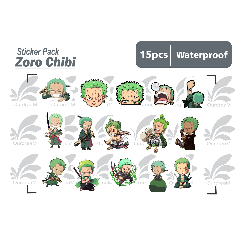 

stiker Zoro one piece chibi - isi 15 pcs sticker pack tumbler helm waterproof medium size