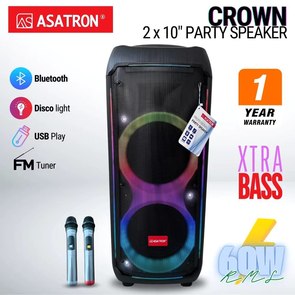 ASATRON CROWN ( HT 8872 UKM ) SPEAKER MEETING PORTABLE  BLUETOOTH KARAOKE 2*10 INCH - DUAL 10 INCH -