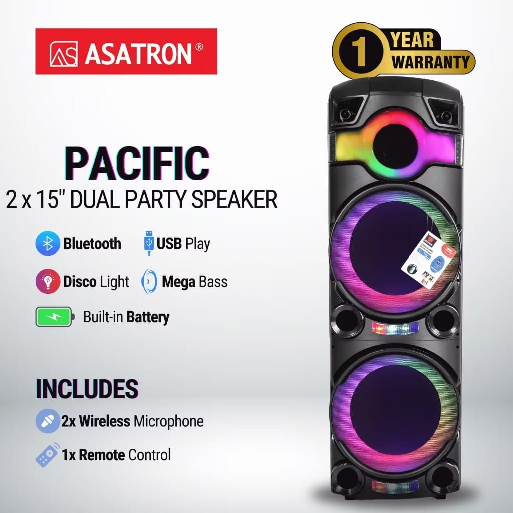 ASATRON PACIFIC ( HT 8886 UKM ) SPEAKER MEETING PORTABLE BLUETOOTH KARAOKE 2X15 INCH - DUAL SPEAKER 