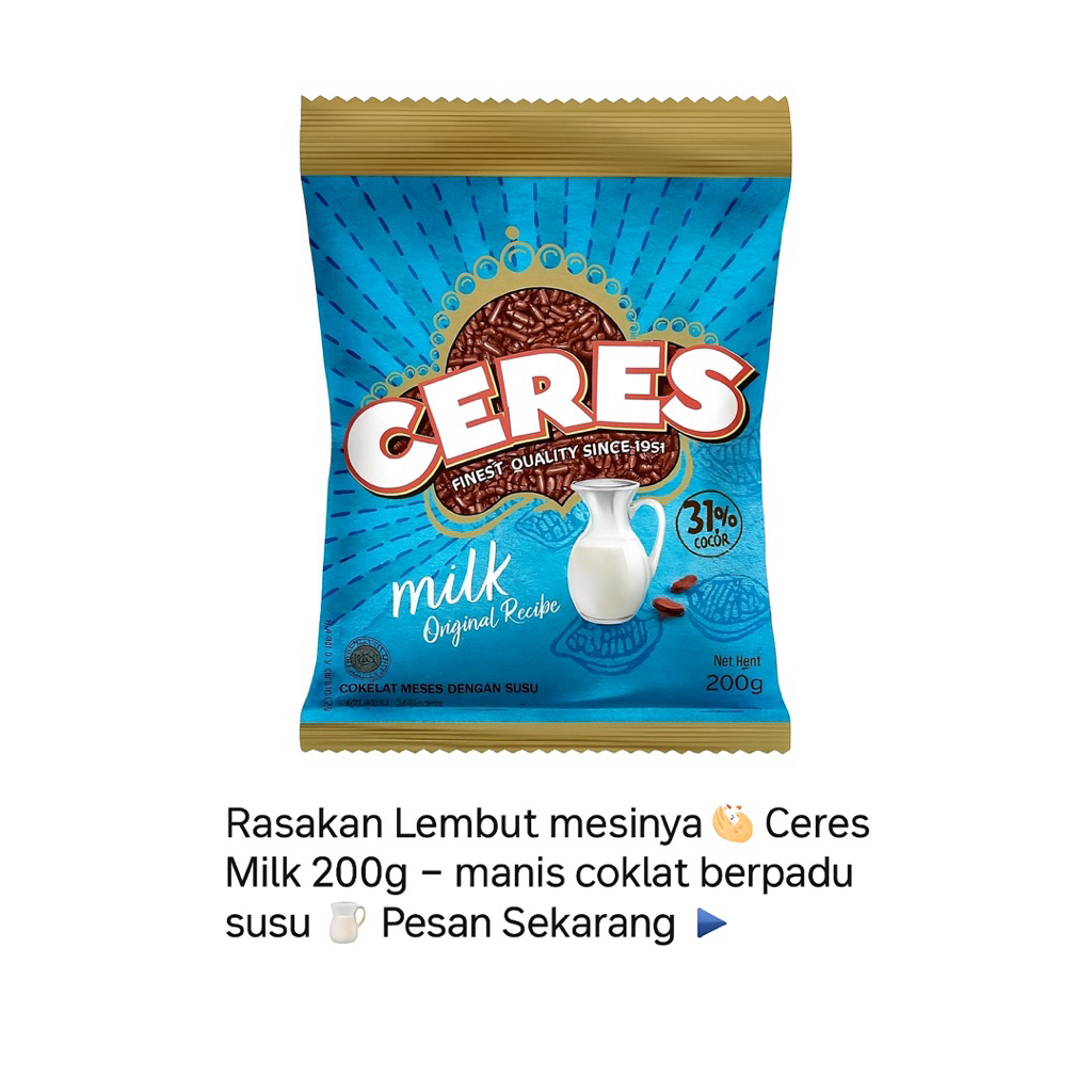 

Ceres Milk Meses Cokelat Susu 200g – Lezat, Lumer & Siap Tabur!