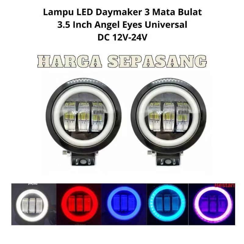 Sepasang Lampu Tembak Sorot LED Daymaker 3 Mata Bulat 3.5 Inch DC 12V-24V Universal Mobil, Motor