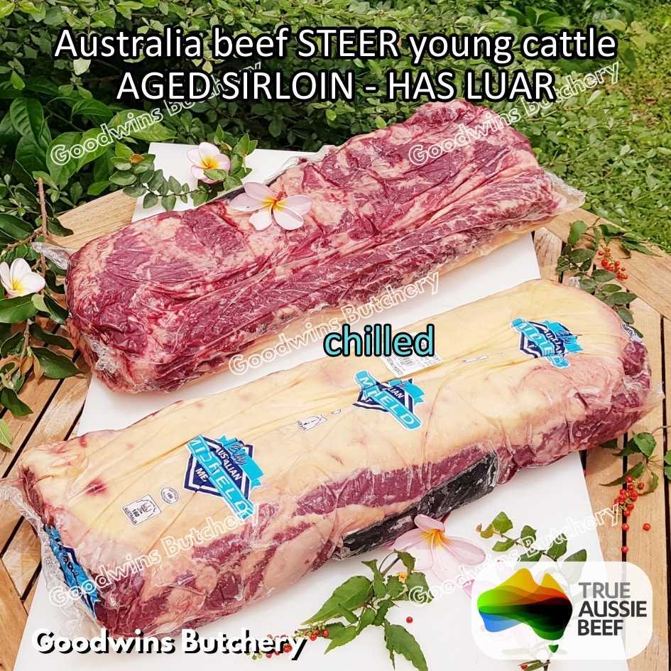 

Beef SIRLOIN AGED-CHILLED Australia STEER (young cattle) whole cuts Striploin NewYork strip daging sapi import has luar utuh HARVEY / MIDFILED 5kg