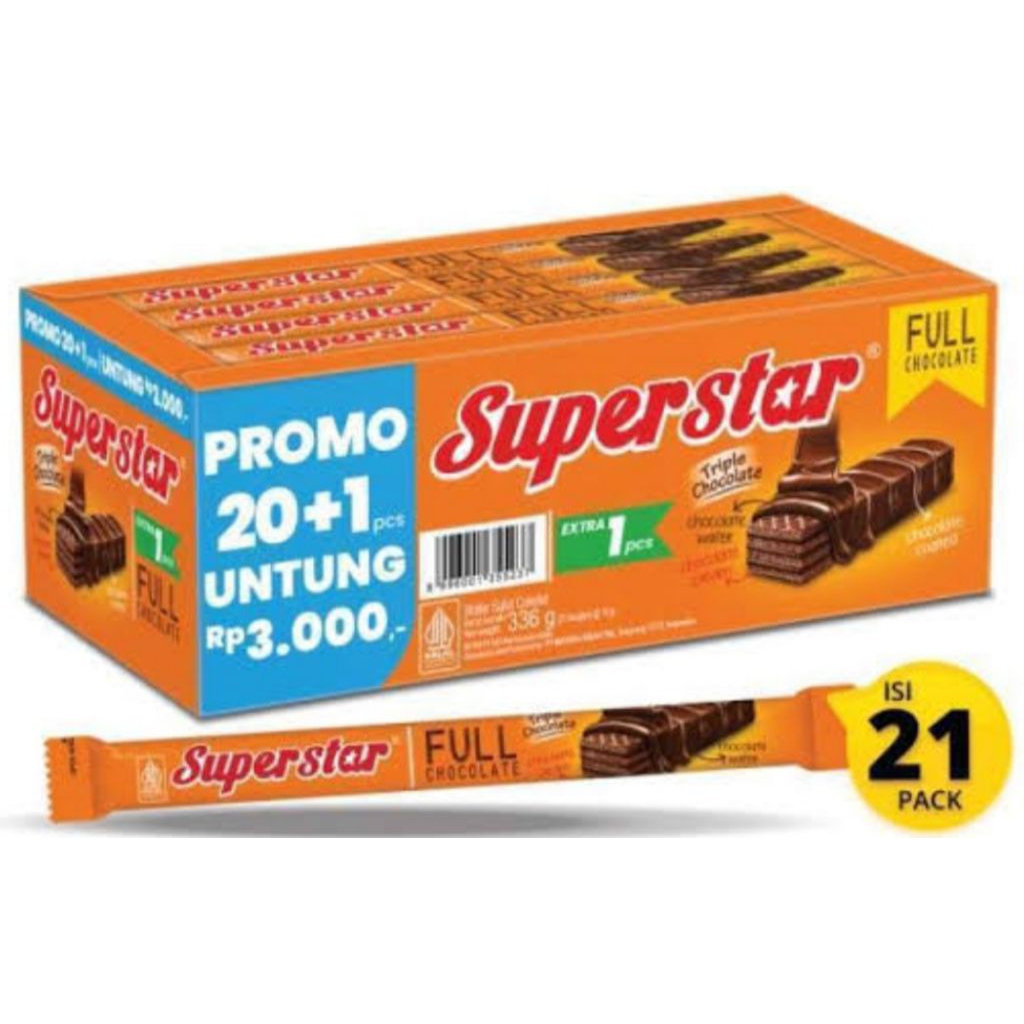 

( per box) superstar full chocolate 1box isi 20+1 pcs x 12,5 gram..