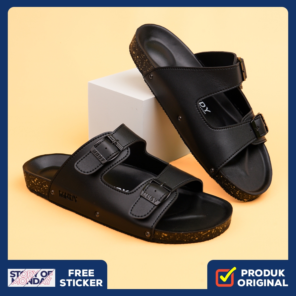 YUNO FULL BLACK ORIGINAL x MONDAY Sandal Casual Hitam Pria Sendal Slide Jalan Santai Harian Main Slo
