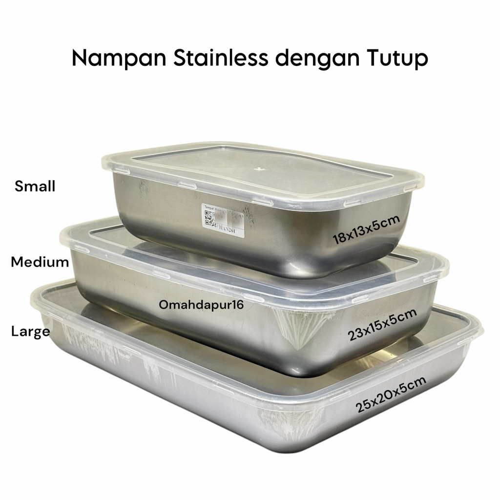 Nampan Baki Stainless dengan Tutup Plastik | Kotak Penyimpanan Makanan Stainless dengan tutup