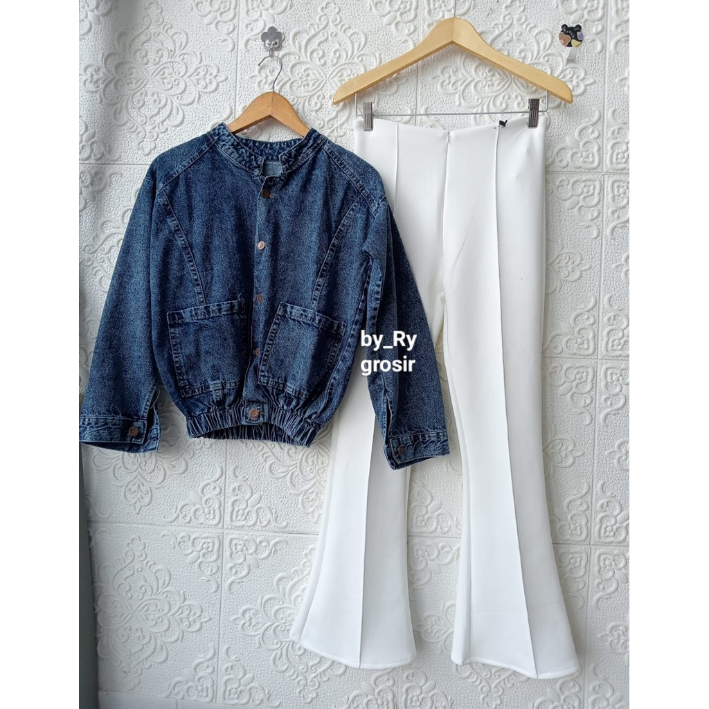 Setelan Wanita Laya Atasan Jeans Dan Celana Cutbray  Polos