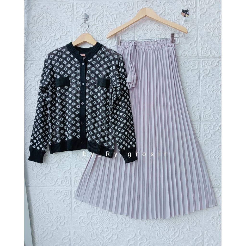 Setelan Wanita Ziza Kardigan Rajut Dan Rok Plisket Polos Panjang