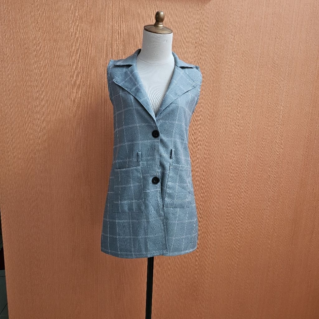 atasan long vest wanita abu muda pastel M motif kotak L kutung cewek