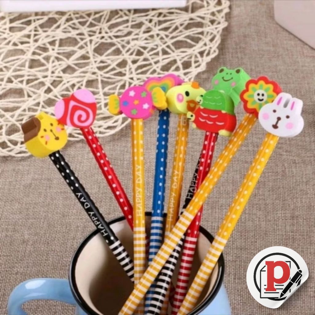 

(Pensil+penghapus) Pensil Karakter/Kartun Cute Motif Garis Polkadot/Pensil Karakter Penghapus Pensil Lucu/