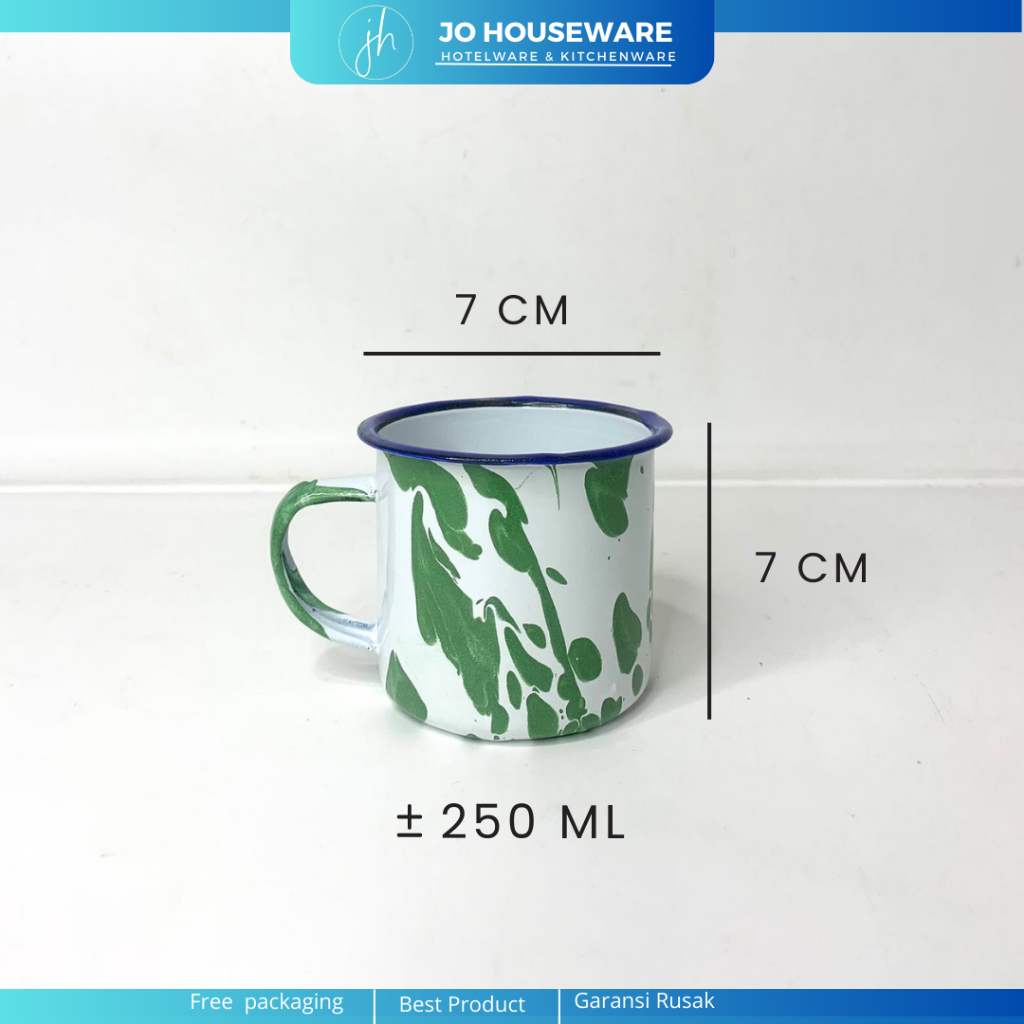 SET 6 PCS Piring Mug Enamel Motif Blirik Hijau / Enamel Jadul Vintage