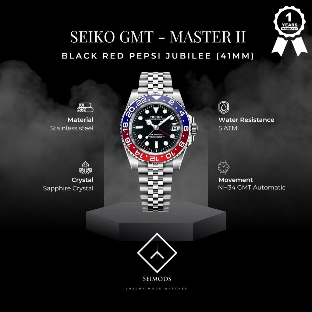 Jam Tangan Seiko Mod GMT Master 2 Pepsi NH35 Automatic Watch Seikolex Oyster Bracelet Men