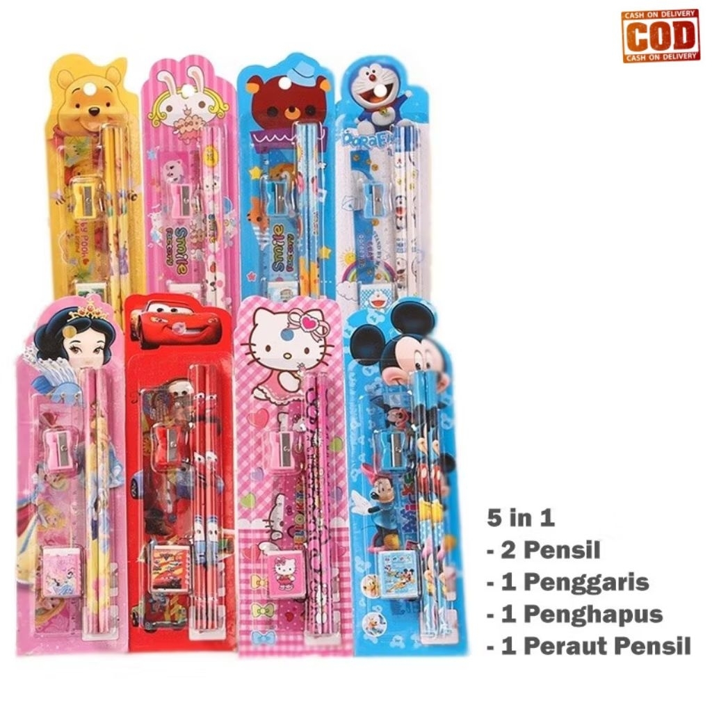 

Alat Tulis Sekolah 5in1 Karakter Paket Stationary Mini Pensil Penghapus Serutan Belajar 5 in 1