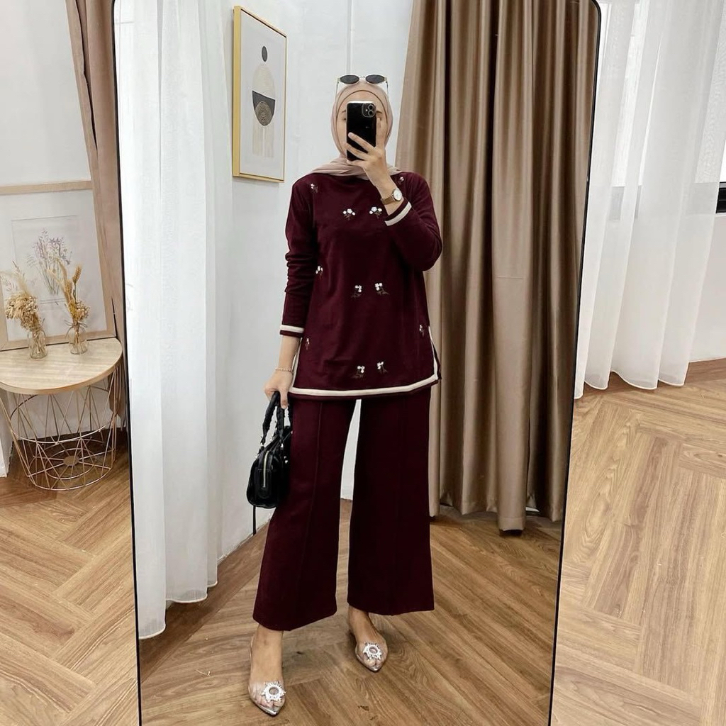 Setelan Wanita Kekinian Bahan Knit Mix Bordir Motif Bunga Melati One Set Kulot Terbaru Knit Snowy Ba