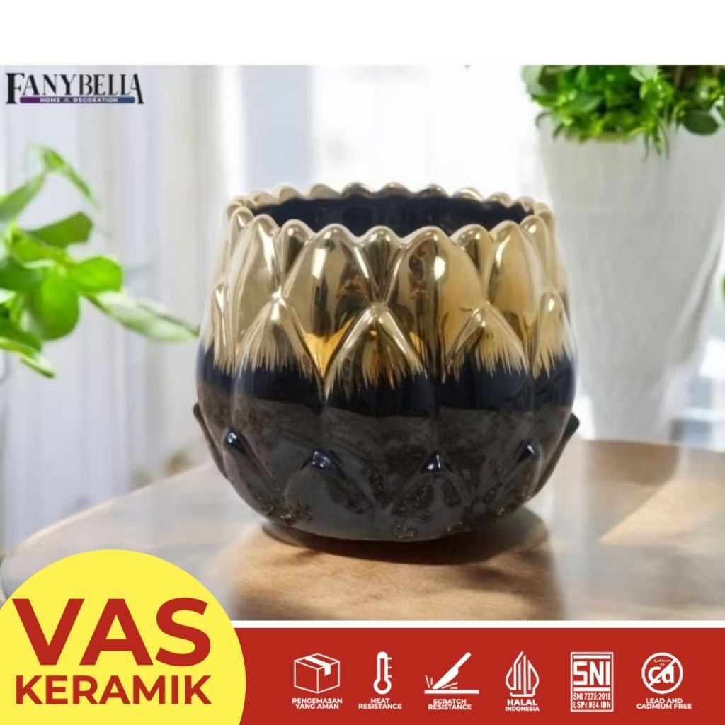 Pot Keramik Tanaman Vas bunga keramik Porselen Emas Gold HitamDekorasi rumah Import