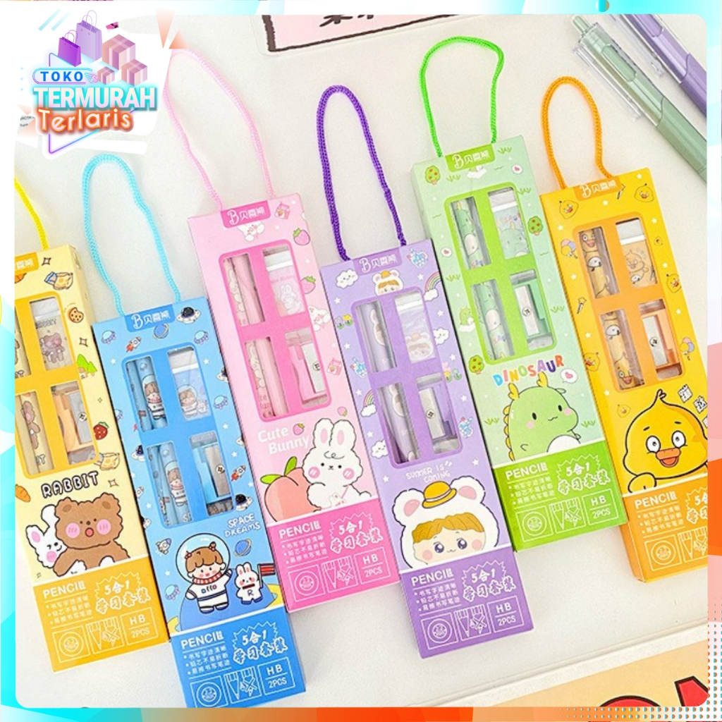 

TTT Stationery Set 5 in 1 Alat Tulis Anak Sekolah Penghapus penggaris Pensil Serutan Karakter Lucu Set Alat Tulis Anak Motif Kartun