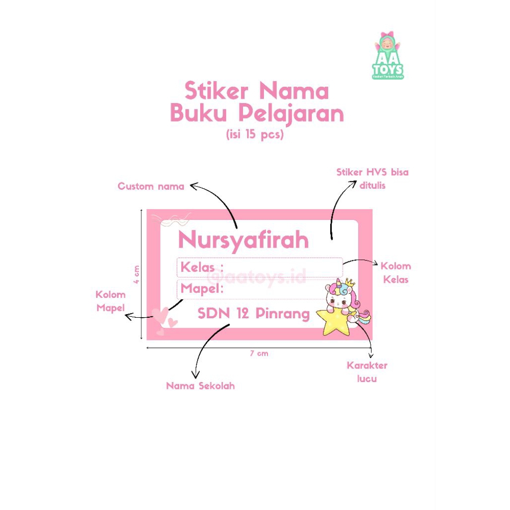

AATOYS Custom Label Nama Buku Pelajaran Anak 15pcs 4x7 cm