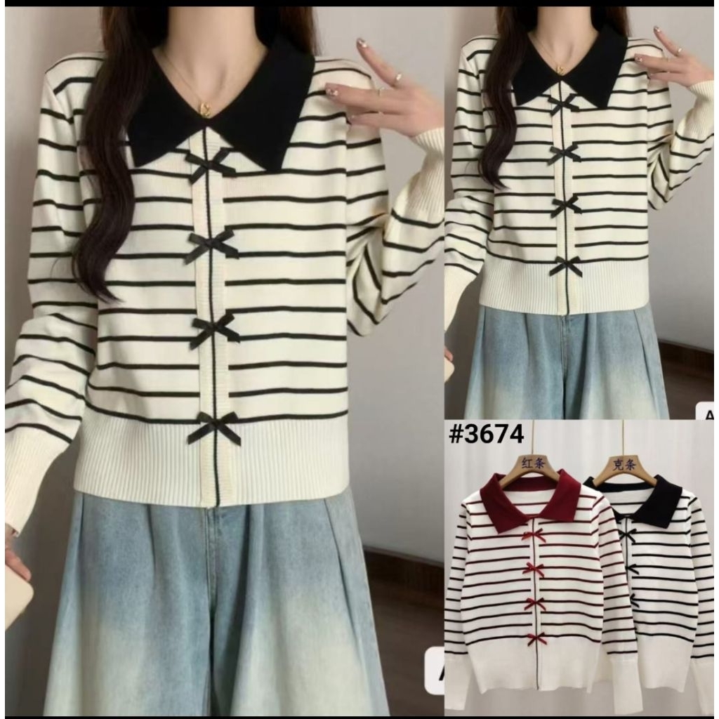 Blouse Rajut Salur Pita Import Premium Lengan Panjang