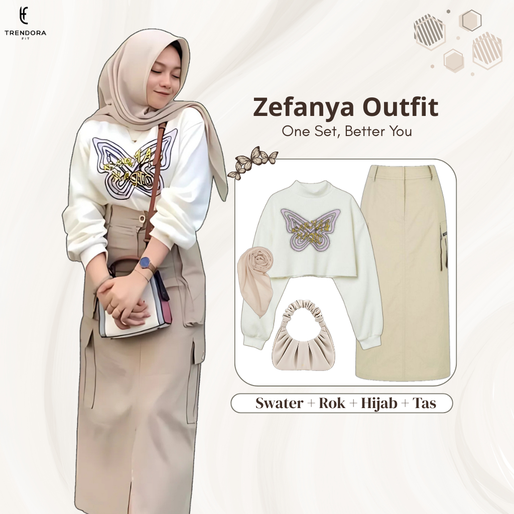 One Set Wanita Kekinian  [Sweater Crop Top - Rok Cargo - Hijab Segi Empat] Outfit Ngampus TF23