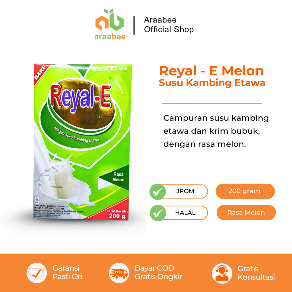 

Susu Kambing Etawa Bubuk Reyal E Rasa Melon 200g Kemasan Box