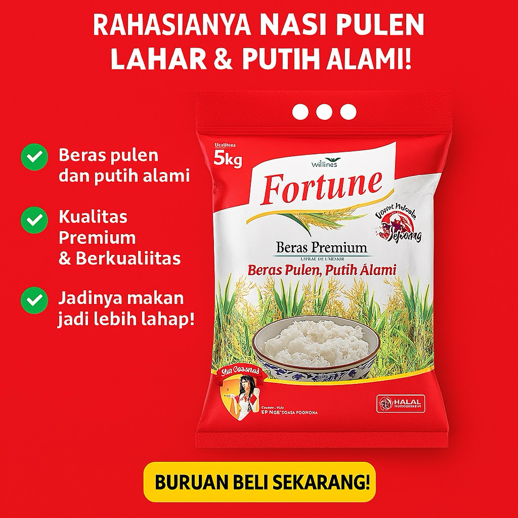 

Beras Fortune Premium 5kg – Pulen Wangi, Putih Alami, Favorit Ibu Pintar!
