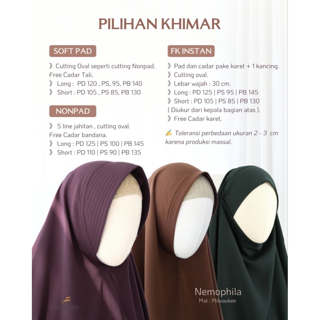 AFIFATHIN ~ KHIMAR ONLY NEMOPHILA NONPAD, SOFTPAD & FK/SIZE LONG SHORT/KHIMAR INSTAN MULTIFUNGSI