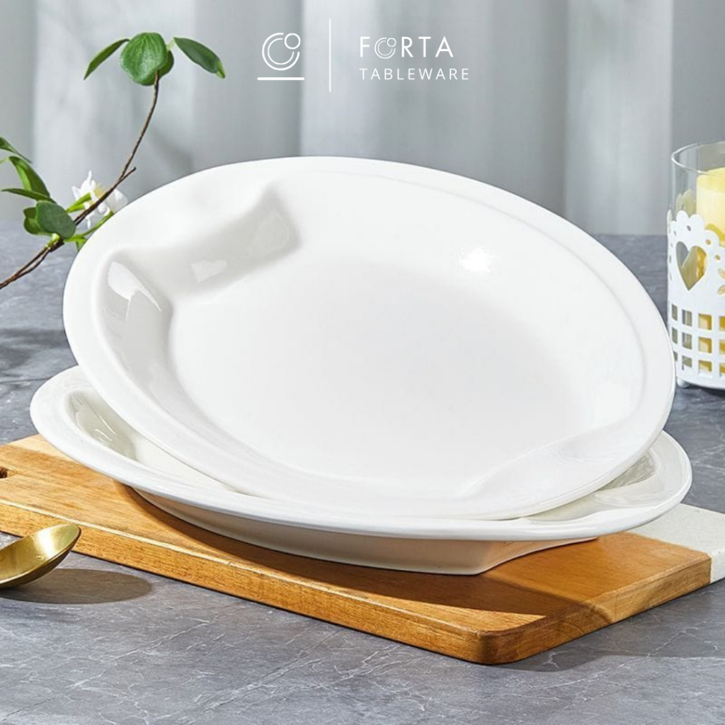 Piring Oval Saji Ikan Pyramid Keramik Premium Putih polos ukuran 30,5 x 21cm hotelware serbaguna JJ4