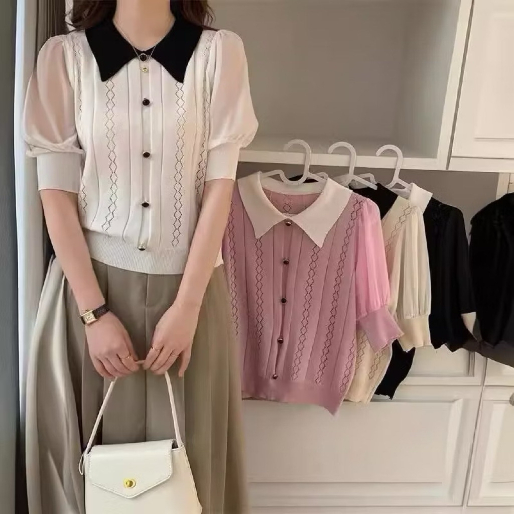 Atasan Knit Lengan Pendek (A335)- Atasan Wanita Blouse Rajut + Lengan Sifon Premium Import