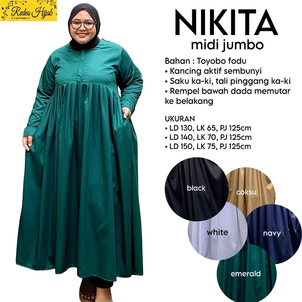 Dress Wanita Muslimah Nikita Jumbo Midi Bahan Toyobo Fodu Motif Polos Busui Friendly LD130 140 150