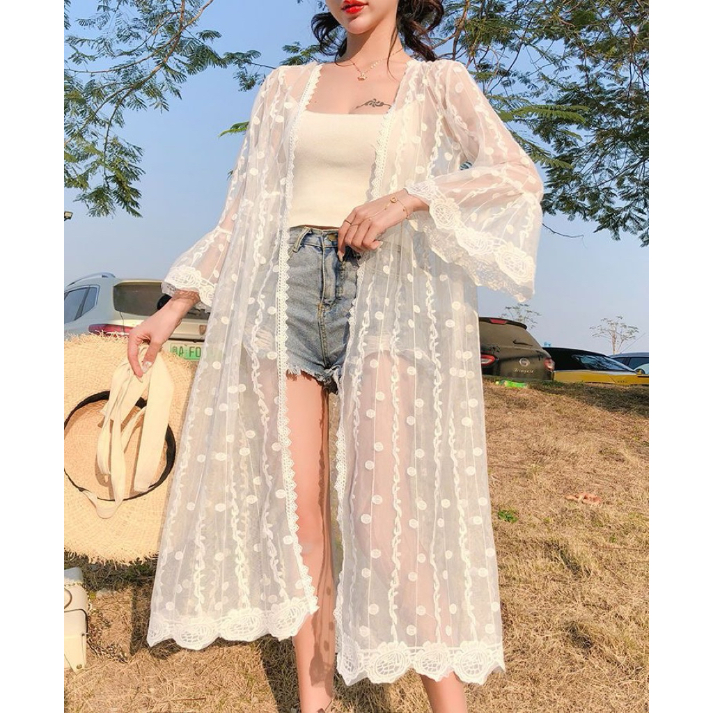 Outer Kimono Putih Brokat Panjang Hijab Friendly - Cardigan Pantai Stylish Korea Look