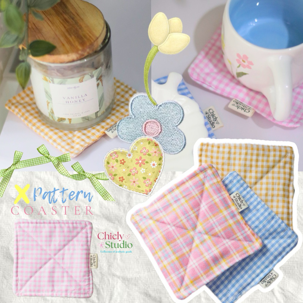 X Coaster - Chicly Studio, coaster gingham, coaster aesthetic, coaster kain, tatakan gelas, gift ide