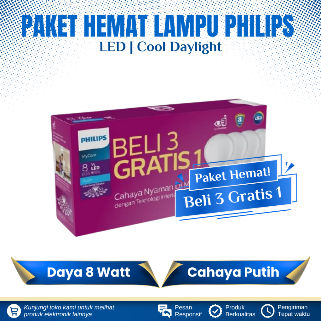 PAKET HEMAT LAMPU PHILIPS LED 8 WATT BELI 3 GRATIS 1 COOL DAYLIGHT LAMPU BOHLAM LED PHILIPS 8 WATT