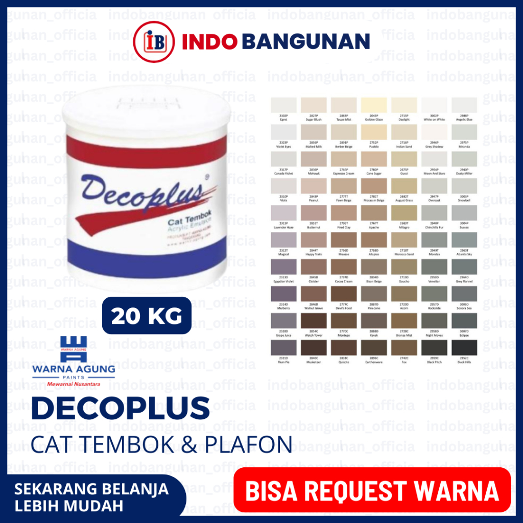 CAT TEMBOK & PLAFON INTERIOR WARNA AGUNG DECOPLUS 25KG / BISA REQUEST CUSTOM WARNA PUTIH