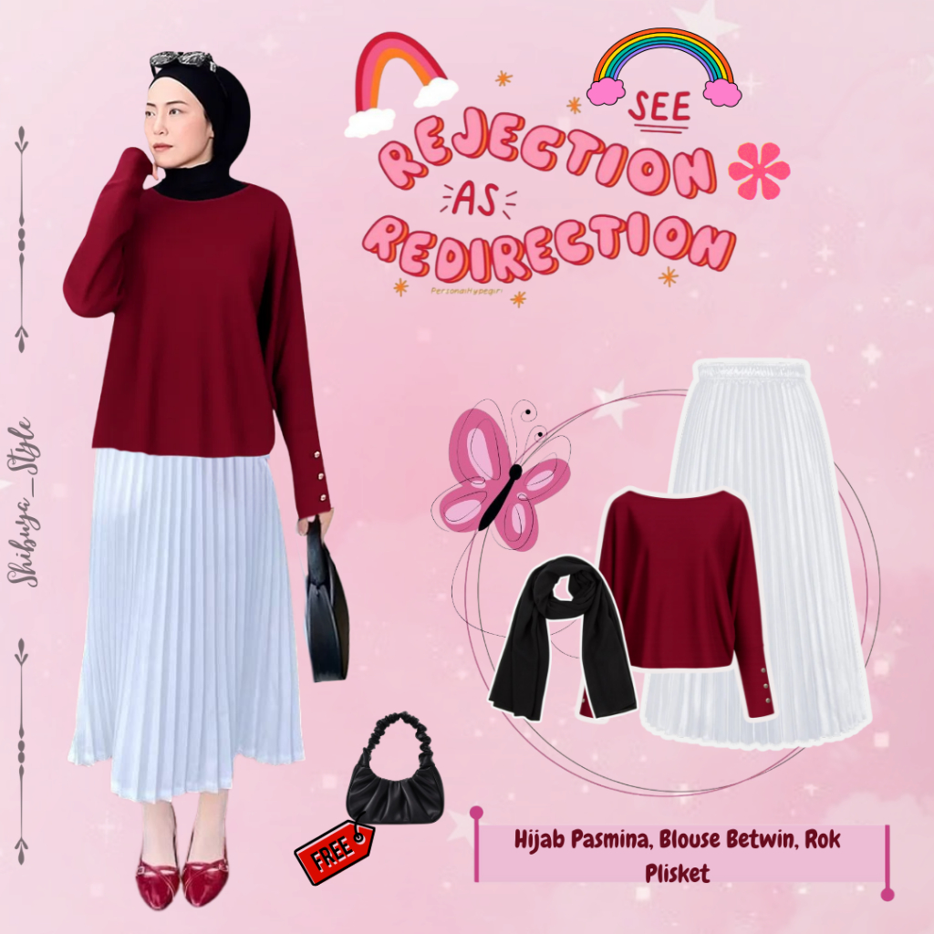 One Set OOTD Korean Style ( Blouse Baetwin Merah, Rok Plisket Putih, Pasmina Hitam, FREE Tas Bahu  )