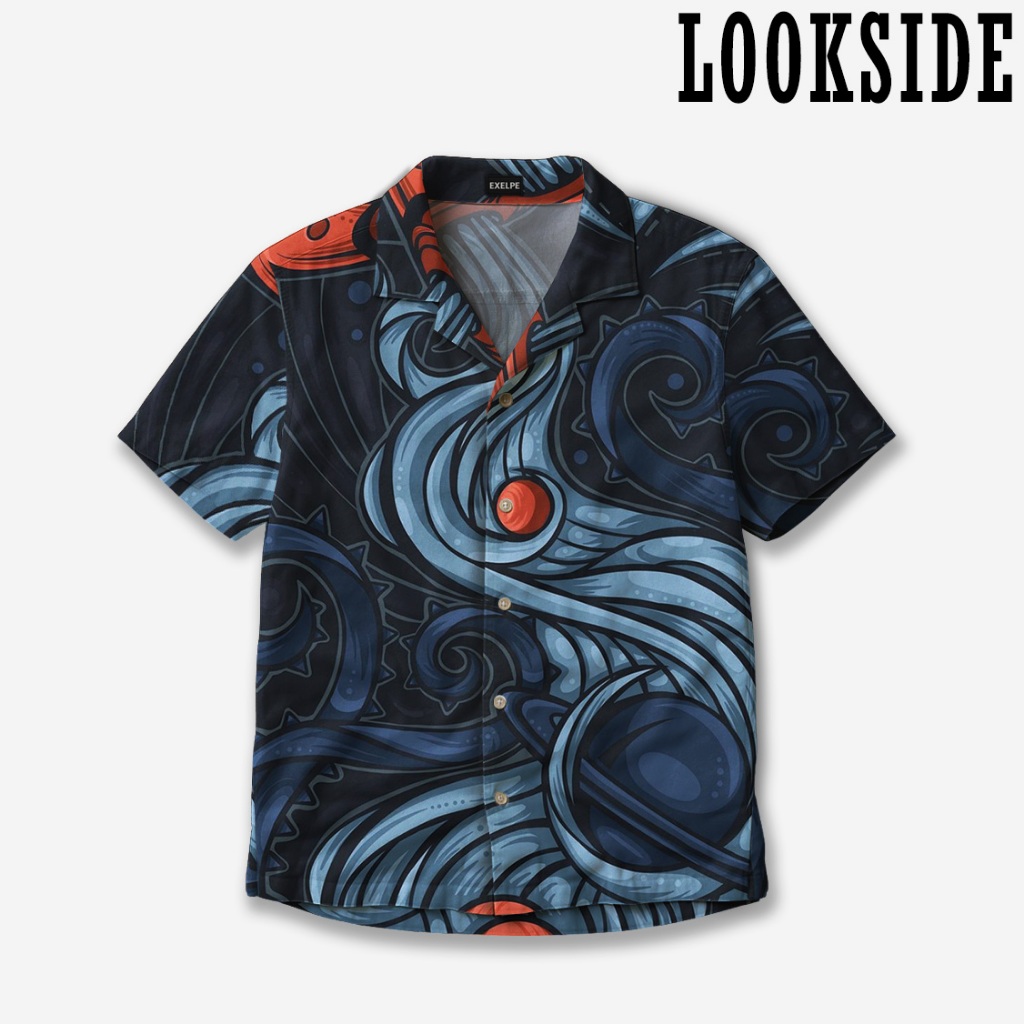 LOOKSIDE Kemeja Fullprint Cosmic Ocean Vortex Premium Unisex - Kemeja Motif Gelombang Abstrak Dark B