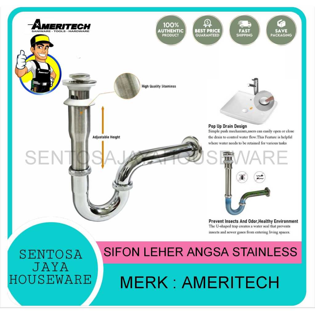 SIFON WASTAFEL STAINLESS AMERITECH / SIFON WASTAFEL LEHER ANGSA STAINLESS TEKAN MERK AMERITECH