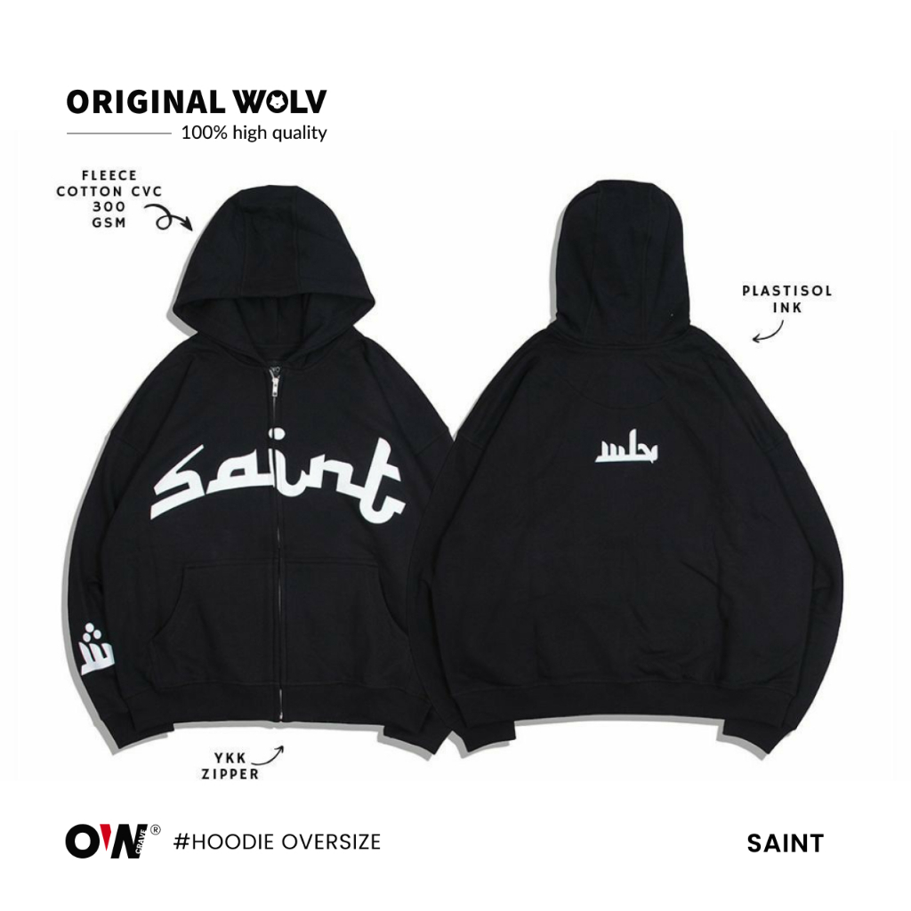 WOLV - Jaket Hoodie Saint Zipper Oversize Fleece Cotton 300gsm Unisex